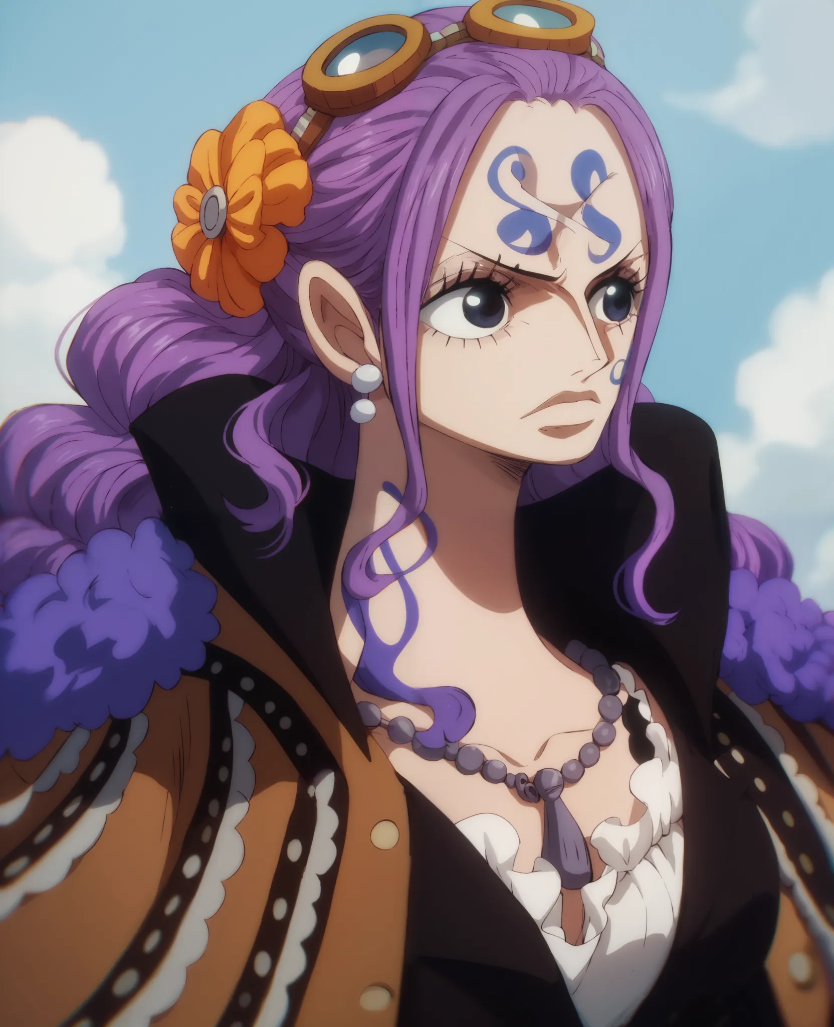 A character from the anime one piece. A woman, purple hair, steampunk clothes, elegant, face tattoos, best quality 