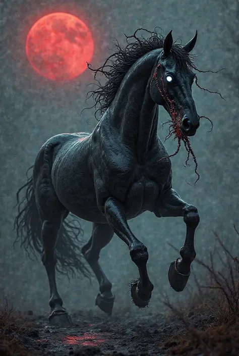 A highly detailed and dark hybrid creature combining features of Venom and a horse. It has the powerful, muscular body of a horse, but its skin is glossy black with a symbiotic, liquid-like texture that shifts and moves. Its eyes glow white with an eerie i...