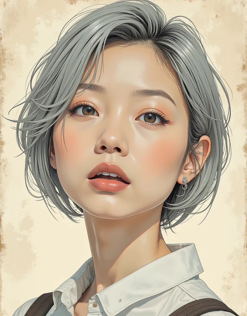 (An unparalleled masterpiece of detailed hyper-realistic illustration), (masterpiece, high quality, top quality, 8k, fine line drawing, extremely detailed, absurd), (anatomically perfect and accurate face: 2), (small head, small face: 1.6), 1 woman. An ext...