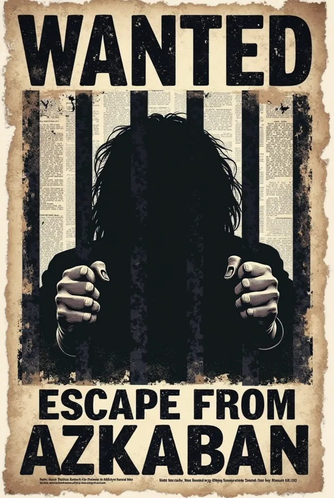 DTF print design of a magical newspaper clipping from the wizarding world, featuring a large, prominent dark silhouette of a man with very long wild hair gripping jagged prison bars with both hands, bold distressed text "WANTED" at the top and "ESCAPE FROM...