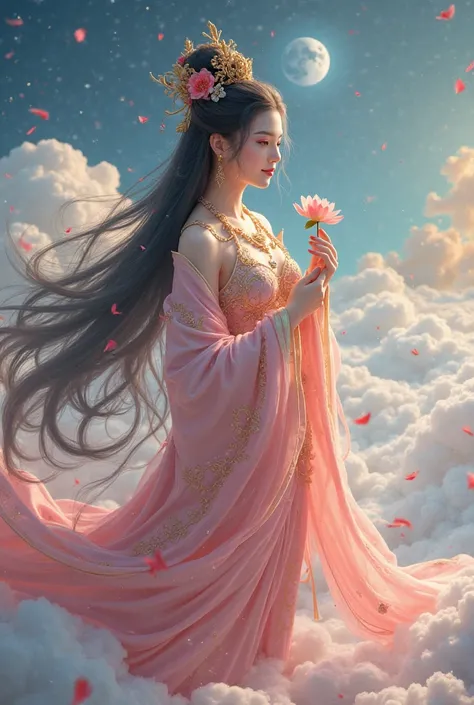 (masterpiece,Highest quality,,8k,side view,High resolution),One Guan yin goddes,,Beautiful Face,Beautiful Face,intricate pink flowing hanfu with gold edge,gold  jewelry,Beautiful eyes,Beautiful lips,princess,Compassionate Mother Kannon,Black Hair,look back...