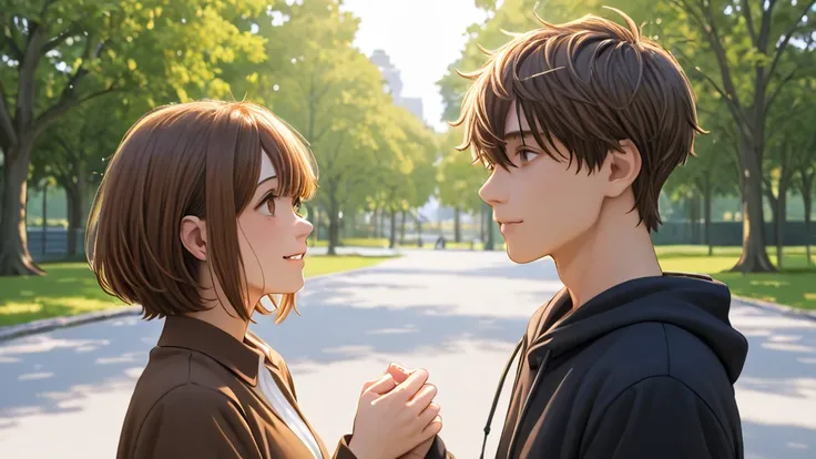 Two brown puppies stopped by at the park、the scene where the boy and girl are smiling、a boy with short hair is also shown、Get away from the girl with long brown hair and the whole thing is shown、I'm shooting my whole body away so I can see what kind of sce...