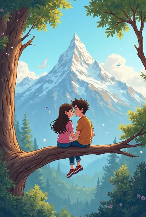 I will create cartoon characters that look like people. The two are girlfriend and boyfriend sitting on a high branch of a tree with a large mountain behind them.