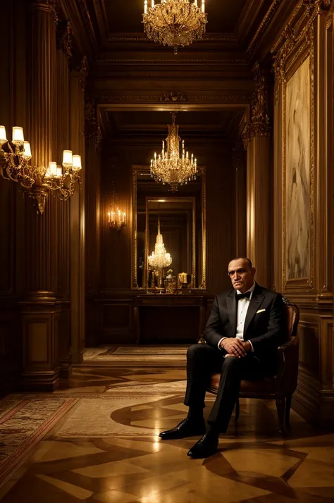 a mafia boss sitting in the center of a grand hall, surrounded by many people, dark and cinematic lighting, wide 16:9 aspect ratio, highly detailed, photorealistic, masterpiece, chiaroscuro lighting, dramatic shadows, intricate architectural details, luxur...