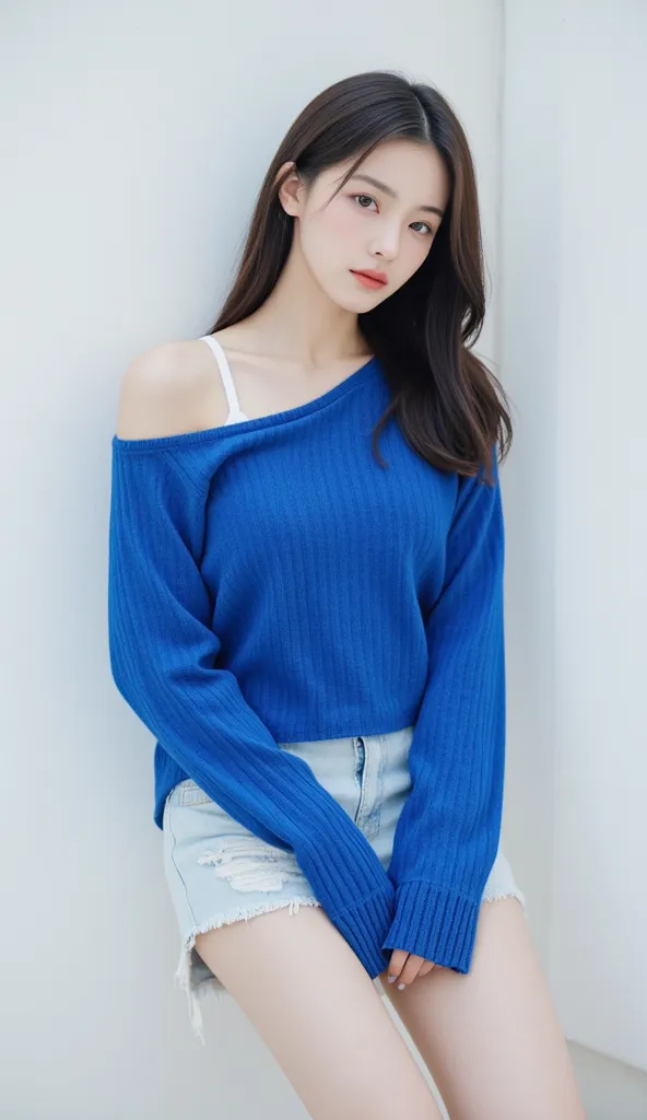 (1 girl one girl:1 girl.3 girls), Solitary,_Jennie Kim Face，Wear a royal blue armband sweater，Short，There is a white tube top inside，Blue shorts，，Sexy，cute，White Leg Clothing，White walls，，full-body shot，Looking at the audience，World-weary Face，indifferent ...