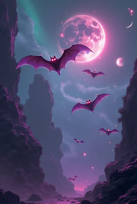 Dynamic digital art+fantasy+background+vampire bats+stars+planets+moon+purple+neon green+black+dynamic