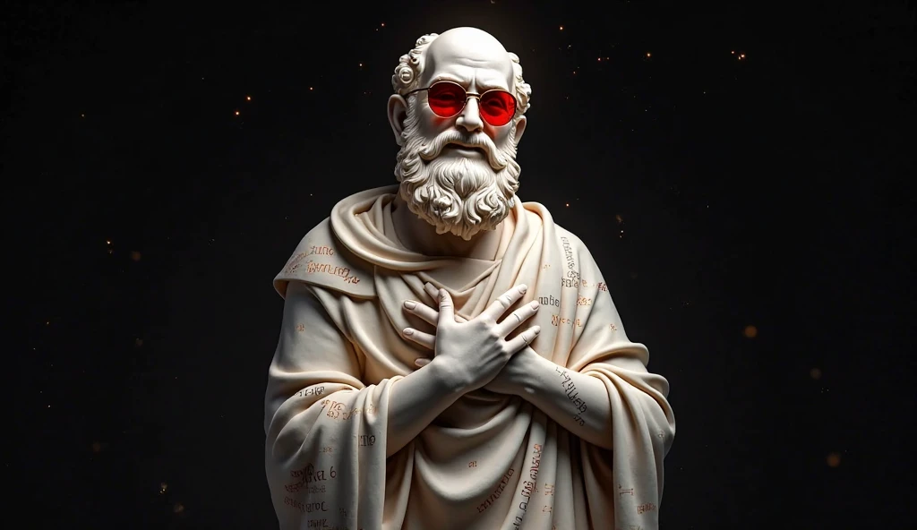 A finely sculpted marble statue of a philosopher, standing in an expressive pose of gratitude, with one hand placed over his heart and the other raised slightly as if offering thanks. He has a warm, appreciative facial expression while wearing red sunglass...