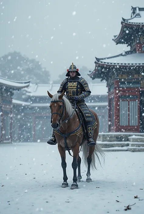 A Japanese palace in a blizzard in front of a soldier in medieval, Japanese armor sitting on a horse