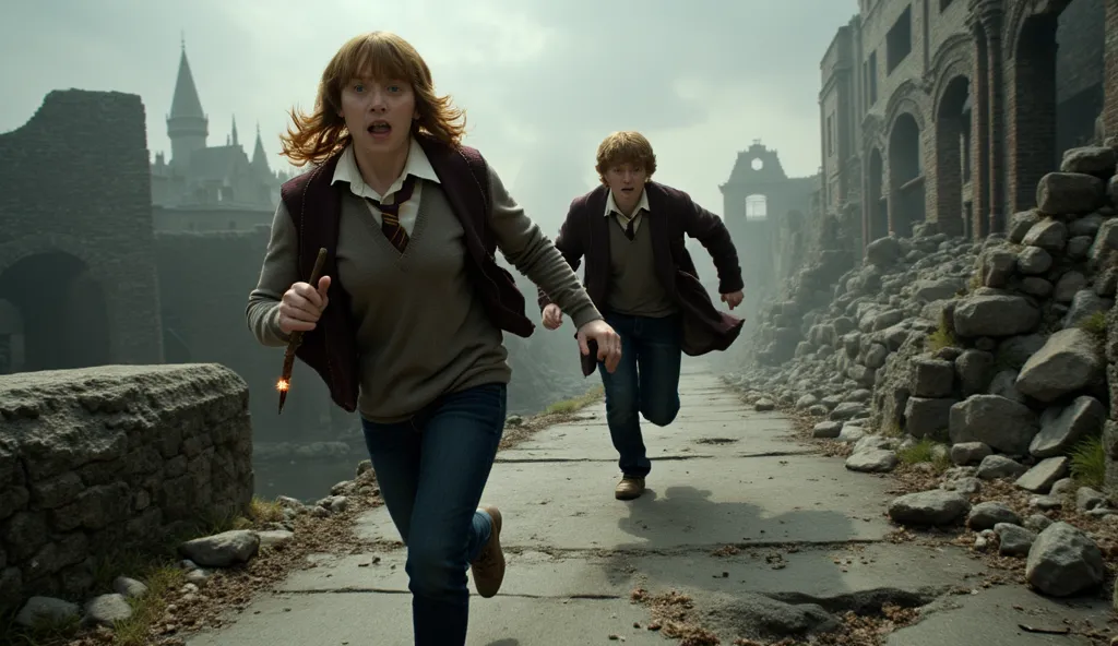 Ultra-realistic cinematic action shot, Hermione Granger and Ron Weasley sprinting across a collapsing stone bridge, ancient ruins crumbling behind them, large stone chunks falling into the abyss, thick dust and smoke rising. Hermione, with her iconic bushy...