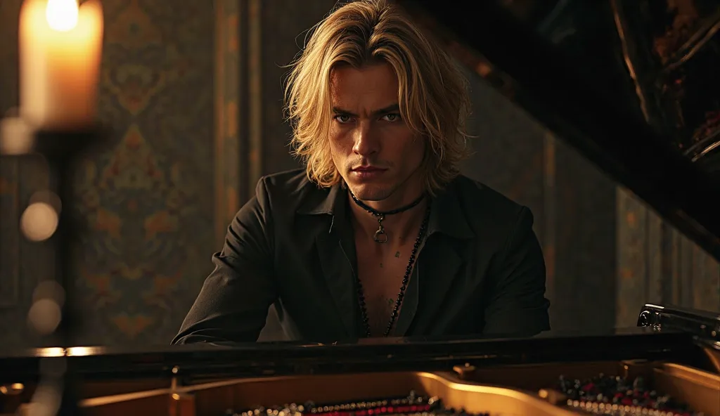 Imagine Victor, a striking figure poised before a grand piano, his presence exuding quiet intensity. His medium-blond hair falls in layered strands, half-shadowing his sharp gaze as he leans slightly into the instrument. The keys remain unseen, obscured by...