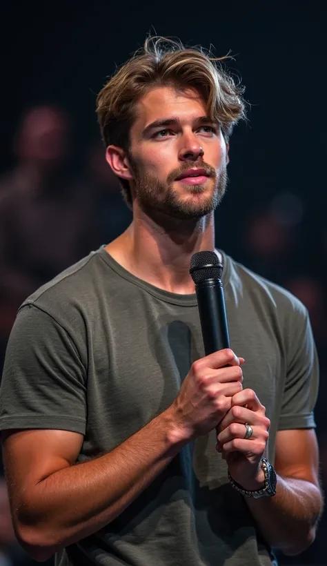 handsome male like a Liam Hemsworth,  wearing a casual clothes speaking with microphone highlights with Men Wedding Ring detailed, innocent face, natural fringe hair, hazel eyes, Handsome 1 people, 1 people handsome, Casual clothes, A hyper-realistic, look...