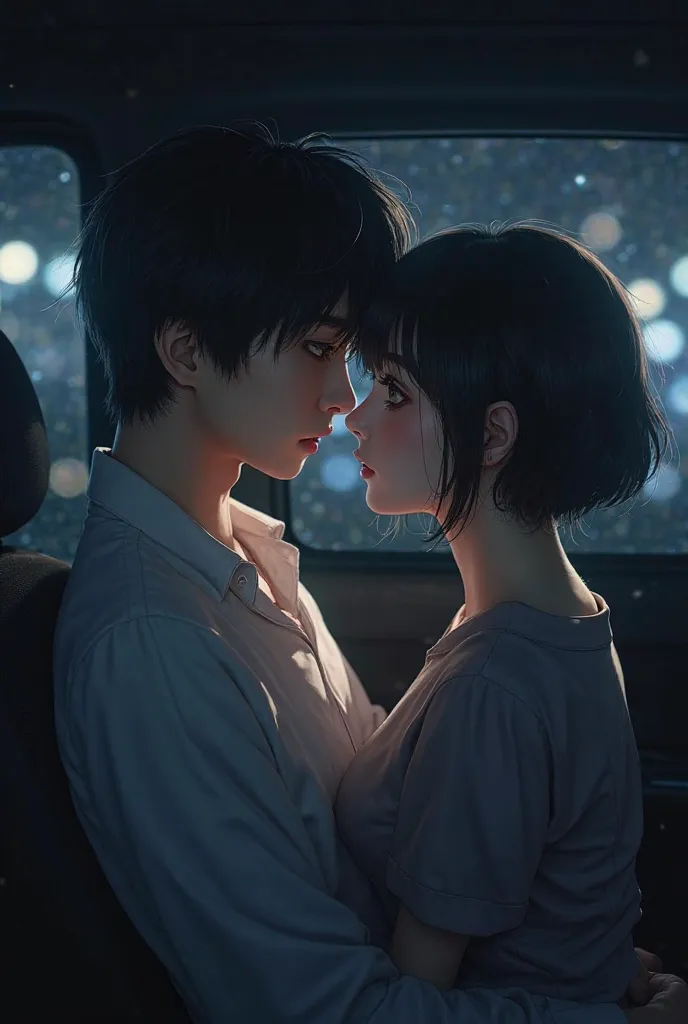 Japanese semi-long man and short bob woman kissing in the back seat of a car at night