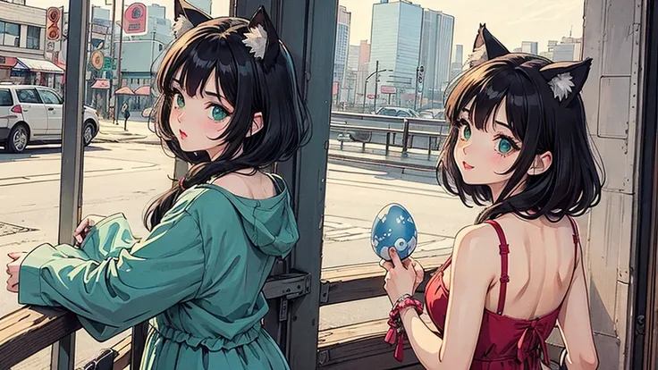  girls on the left,   80s anime style,Cat ears, Retro,  lo-fi,Famous anime,spy anime, egg looking back in the vagina,Eye color is green,I'm wearing an idol costume dress