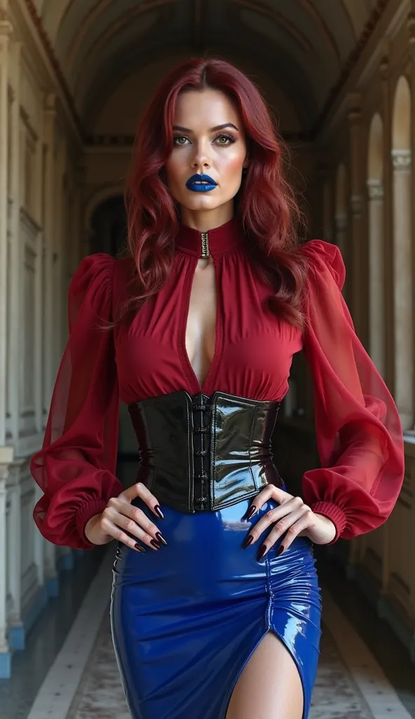 Angelina jolie, latex, dominatrix, shinny, strict, latex dark red blouse, transparent latex dark red puffy sleeves, heavy royal blue latex corset neck, royal blue latex pencil skirt high waist narrow, heavy black latex corset, black vinyl over the knee hig...