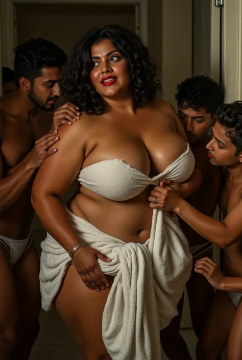 A busty thick plus size hot indian teacher(40+ age) wearing lipstick wrapped in a towel us surrounded by  boys . The boys are pulling the towel of the teacher and are exposing her thighs and her boobs . The teacher is crying and is trying to hold the towel...