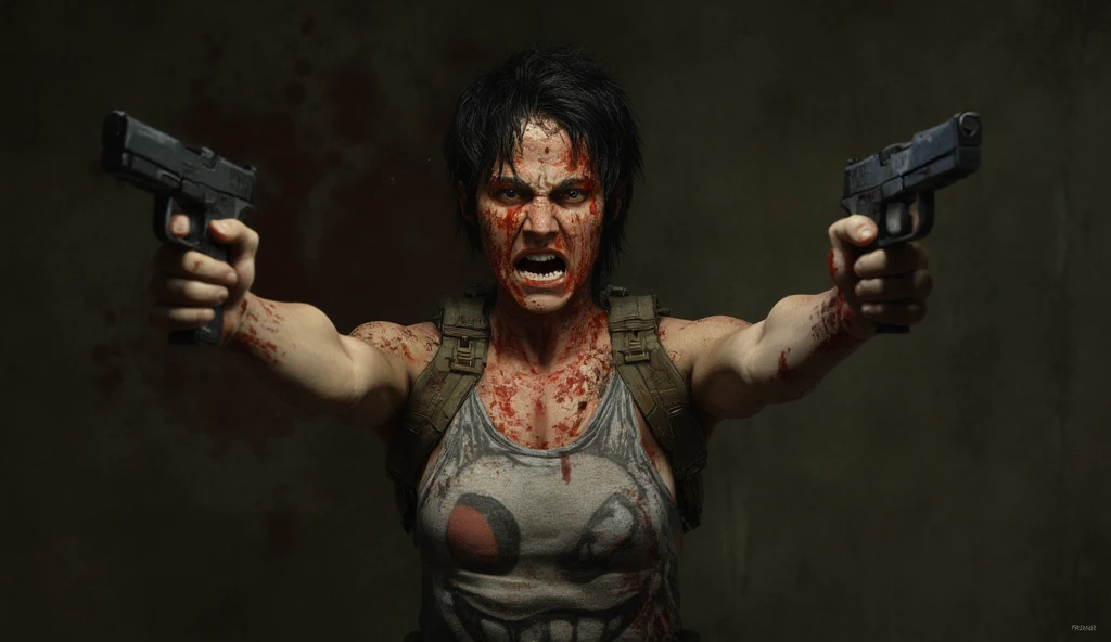 A battle-hardened woman with short, messy dark hair stands in a dimly lit, intense environment, holding two handguns straight ahead. Her face is covered in blood, dirt, and fresh wounds, showing signs of an intense struggle. She has a fierce, screaming exp...