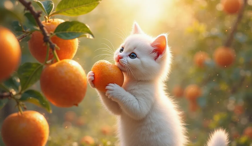 Prompt: "A small white cat with soft, realistic fur, standing on its hind legs, carefully picking ripe, shiny fruits from a tree. The cat's posture is natural and lifelike, with its paws gently gripping the fruits. The fur texture is detailed, showing indi...