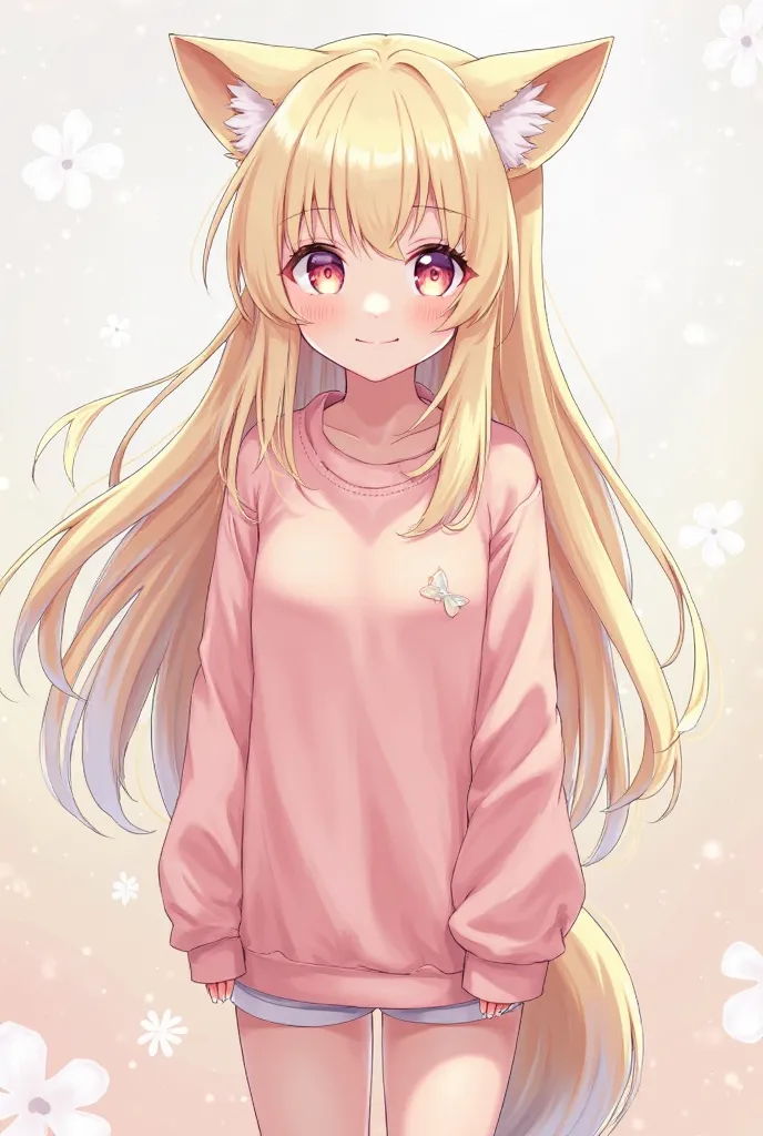 Anime wolf girl Innocent looking with light pink eyes and long blond  hair  Full body look straight ahead With a little smile Casual pink wear