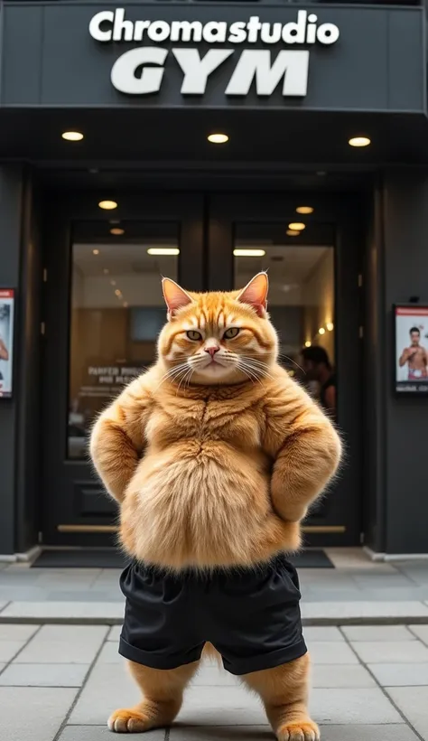 A chubby orange cat wearing black shorts stands outside a gym, looking determined. The gym has a large sign that reads 'Chromastudio' above the entrance. The setting is urban with a modern gym exterior, glass doors, and a few fitness posters on the walls. ...