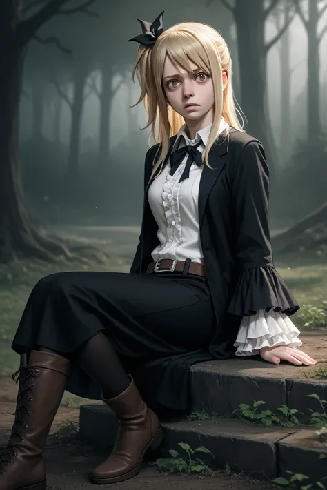 Lucy heartfilia, 1girl, blonde hair, long hair, side ponytail, black ribbon, reality, horror aesthetic, romance aesthetic, saddest aesthetic, gloomy aesthetic, fear aesthetic,  black vest, ruffled sleeves, white sweetheart neckline shirt, black skirt, whit...