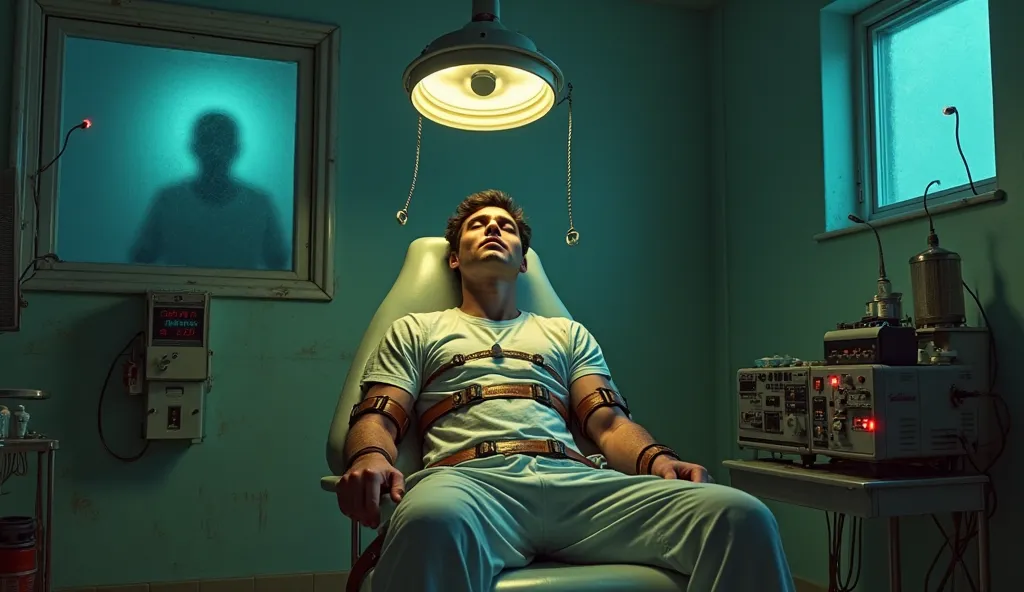 "A dimly lit retrofuturistic medical room in muted, cool tones. In the center, a modern dentist-style chair holds a young man in his 30s, strapped down with worn leather restraints across his chest, arms, legs, and forehead. He's wearing a plain white medi...