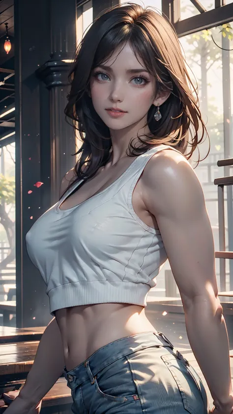 pure 20 year old girl 、((white tank top, Dramatic Poses)),smile,Shortcut, nature park 、RAW photo, (8k、TOP QUALITY、masterpiece:1.2)、( delicate details:1.4)、(Photorealistic:1.4)、octane rendering、 complex 3d rendering super detailed, studio soft light,  rimli...