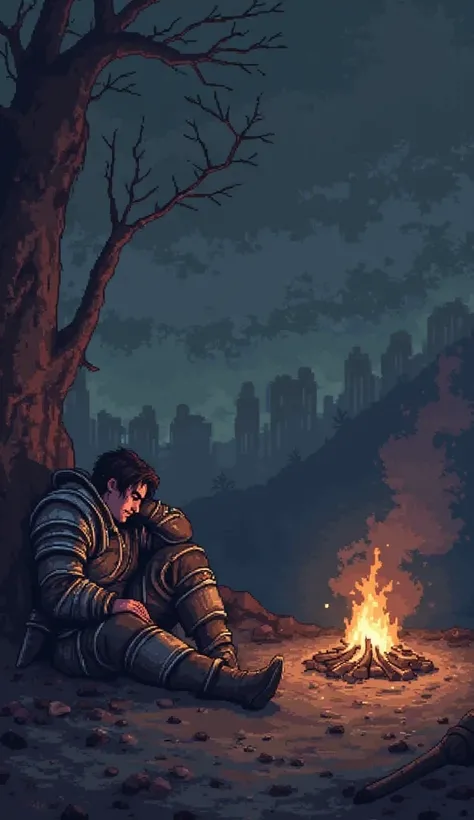 "A lone warrior resting near a dying campfire, one arm over his eyes. His helmet rests beside him, and his greatsword stands nearby. The embers cast a faint glow on his worn armor. The pixel art scene feels melancholic, with a dark fantasy mood."