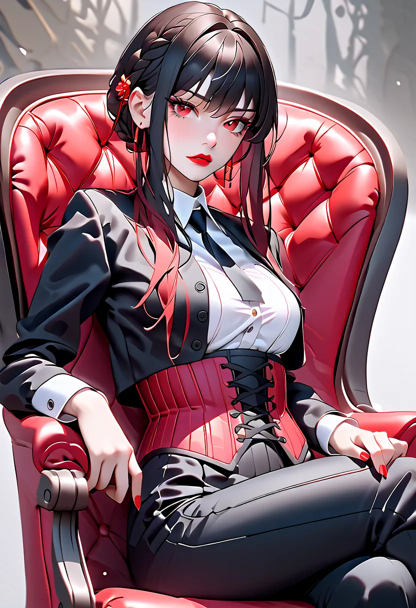 Yor Briar from Spy X Family, 1girl, solo, body shot, sitting straight in a padded red chair, dressed with a white shirt long black pants with a waist corset with black lacing a black short jacket and a long black tie, red eyes, red lips, black slightly dis...