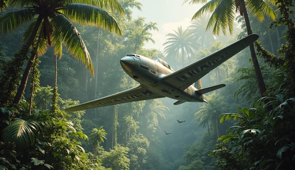 A 1950s fighter plane descends into the jungle