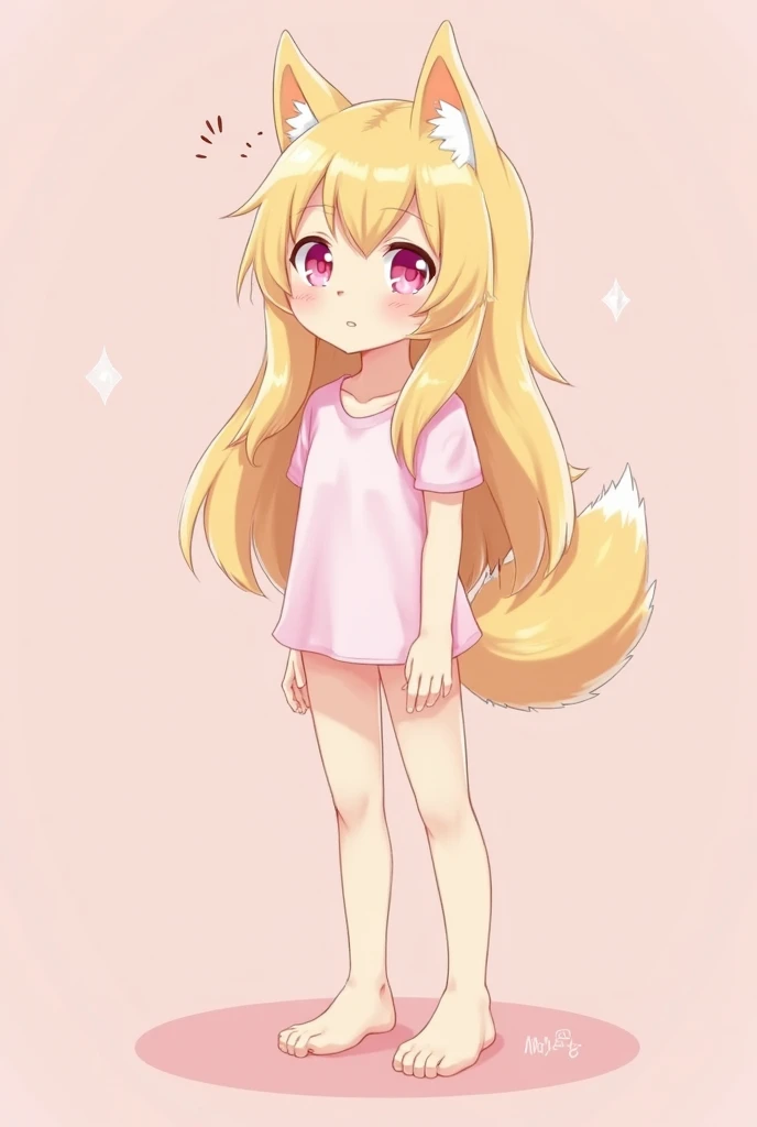 Anime wolf girl Innocent looking with light pink eyes and long blond  hair  Full body look straight ahead With a little smile Casual pink wear And a pink background 