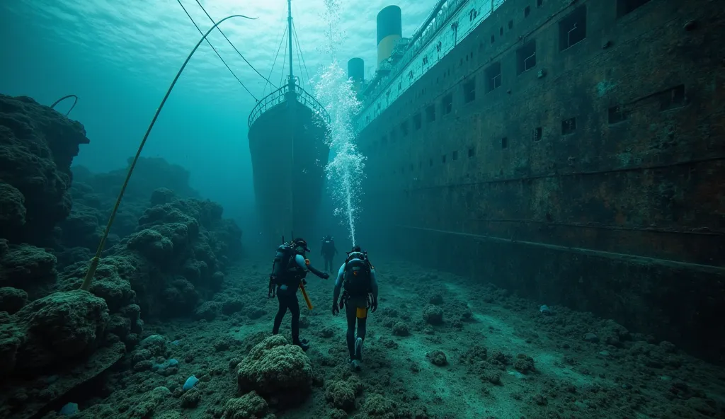 Show an underwater scene of the Titanic wreckage, with divers or remotely operated vehicles (ROVs) capturing images of the broken hull and rusting remains. Some artifacts like a clock or a chandelier could be gently illuminated by lights, showcasing the sh...