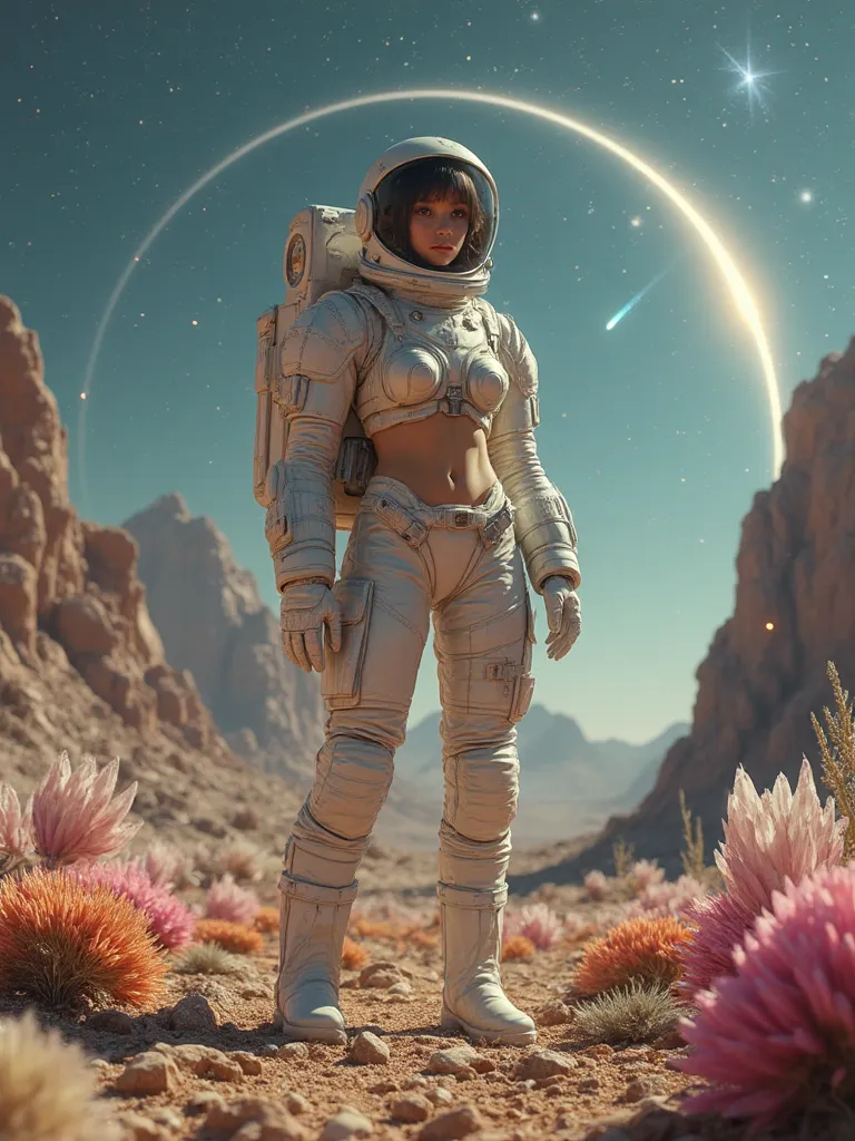 A super cool fashion magazine cover，Retro Graphics，A beautiful woman in a spacesuit stands on the ground of an alien planet exposed to rocks, crystals, and flowers，Otherworldly Faces ，sexy spacesuit，Spacesuit blends perfectly with underwear，Light Shines on...