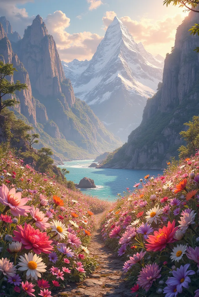 Flowers, mountains, cliffs, and the sunlight