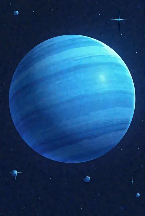 In cartoon space close-up: beautiful large blue-colored planet Neptune with a smooth surface, only small stars nearby, without rings !!! 