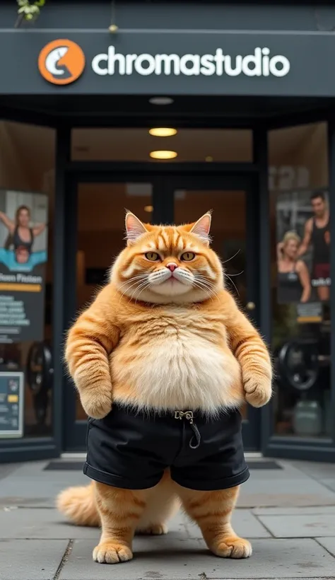 A very chubby, fat orange cat wearing black shorts stands outside a gym, looking determined but slightly out of breath. The cat's belly is round and slightly hanging over the shorts, with thick paws and a fluffy face. The gym has a large sign that reads 'C...