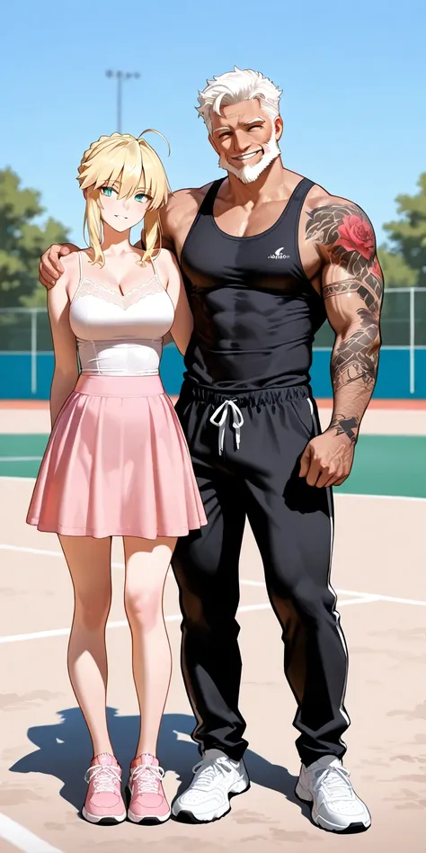 One panel view, old men, curly white cut hair, beard, tattoo on arm, muscular, singlet, black short pants, grinning, standings on the left side, hand touch her shoulder, Masterpiece, mature woman, artoria pendragon (Lancer) (fate), forehead, updo hair, tal...