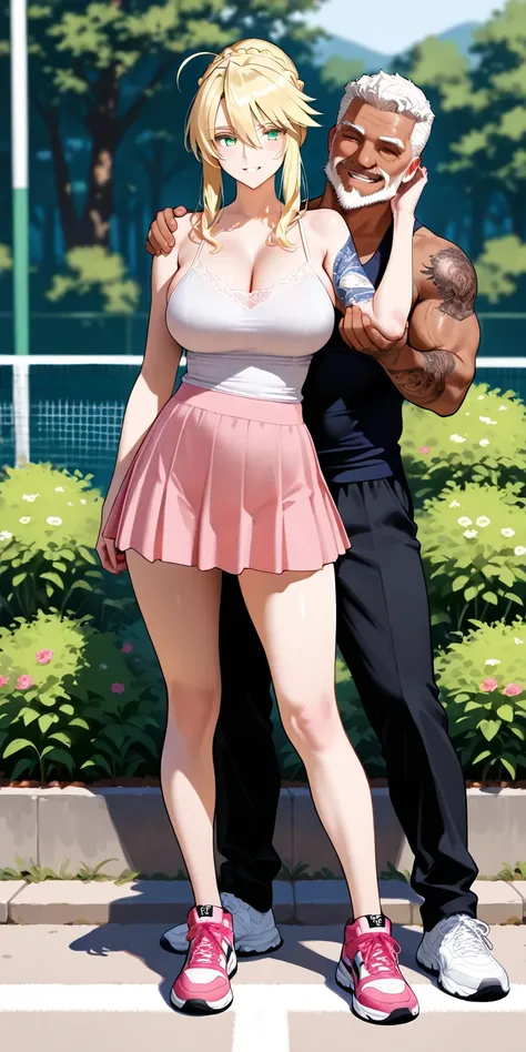 One panel view, old men, curly white cut hair, beard, tattoo on arm, muscular, singlet, black short pants, grinning, standings on the left side, hand touch her shoulder, Masterpiece, mature woman, artoria pendragon (Lancer) (fate), forehead, updo hair, tal...