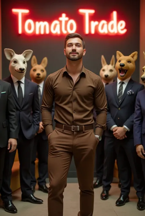 A handsome and well-groomed man wears a leggy brown color slimfit shirt and brown leg color slimfit pants, surrounded and blamed by several men in suits with diverse animal heads. Located in a modern VVIP workspace that has neon sign written "Tomato Trade"