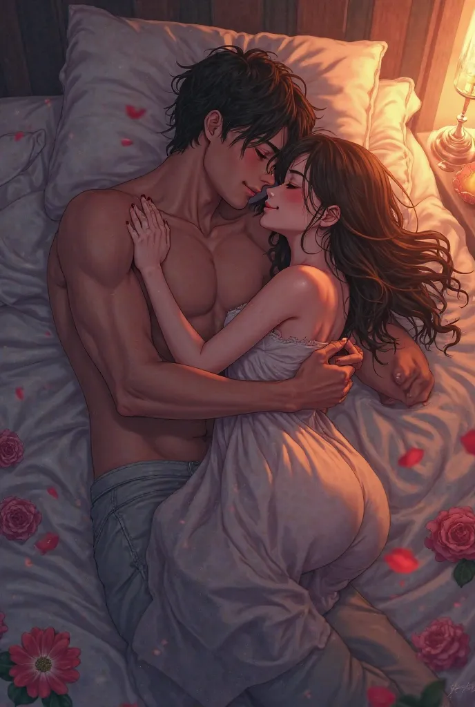 Do an anime a girl in bed with a hot guy sexing romantic 