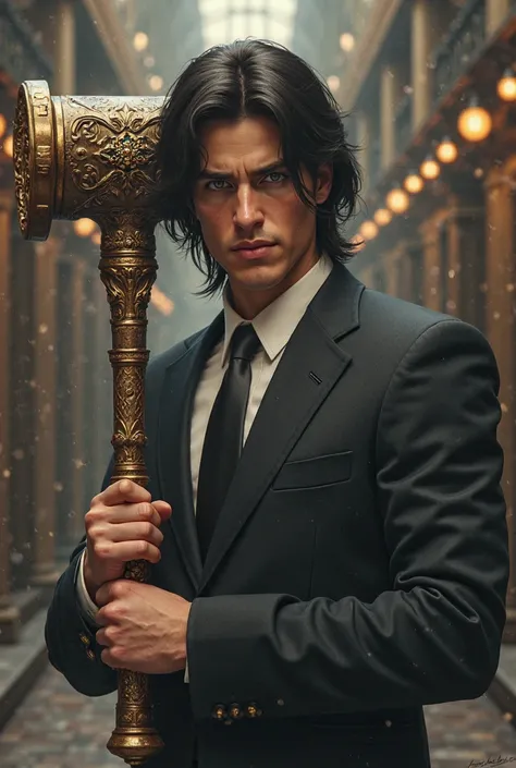 A slyly smirking young adult man with shoulder length hair in a business suit holding a large ornamental hammer