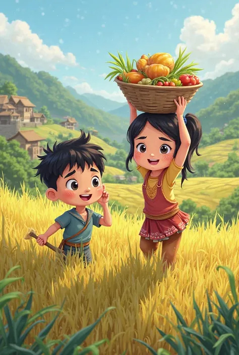 I will create cartoon characters that look like people. The boy is harvesting rice in the village rice field and the girl is carrying food for him on her head.