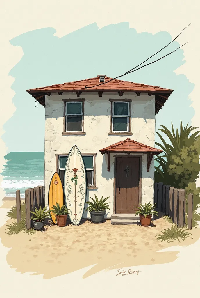 two story building with surfboard outside sketch