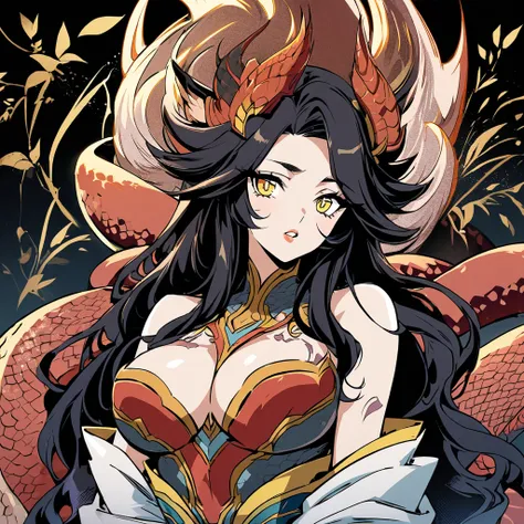 A young woman, Lamia species, Long Hair, Blue and Yellow Eyes, Black Hair, Mask, Large breasts, Bloom, Japanese Illustration Style.