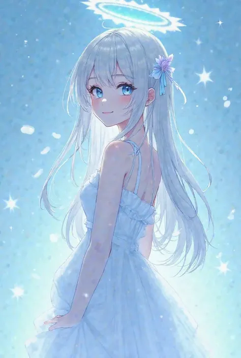 Make an anmie blue, it should look like kiiri from irisé kpop anime gg, then background shos be blue, she should look angelic , put some charms on her hair, she should be standing