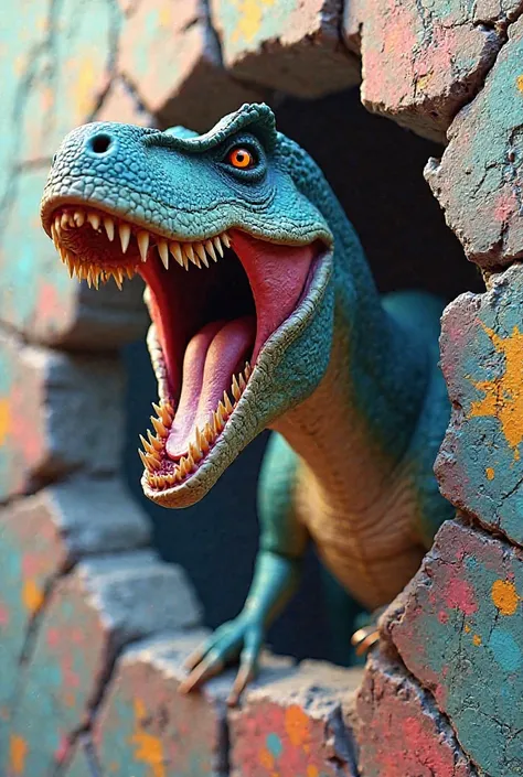 3D Dinosaur cracked wall in out in front Sublimation Design, T-Rex  Colorful Design, 3d Hole 
