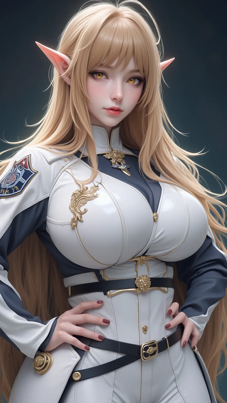 A lonely female character in gyaru style，She looks from a panoramic lens above。She is wearing a police uniform，has Druid style features，skin white Shiny marble。Beautiful body curves， Golden Brown Hair ，Yellow eyes with star-shaped pupils。She has elf ears、L...