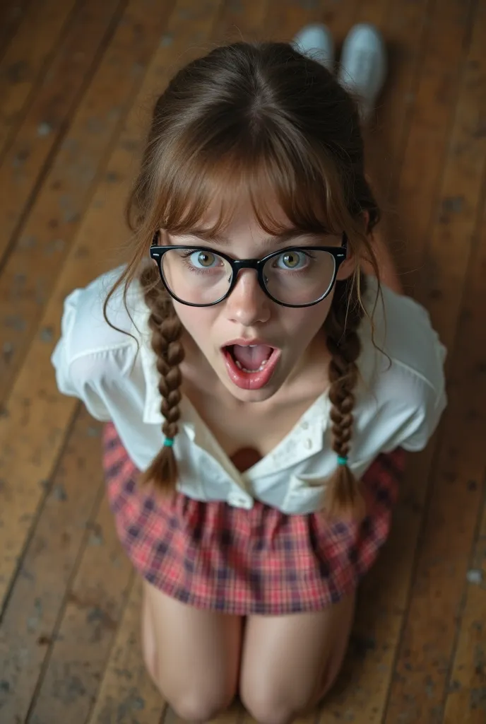  Fifteen-year-old girl , brown hair with two braids,  extra large reading glasses , white shirt,  unbuttoned , very short red checkered skirt,  sports shoes,  very thick hips,   She is kneeling on the floor ,  very sexy  ,  Her mouth is wide open ,  with y...