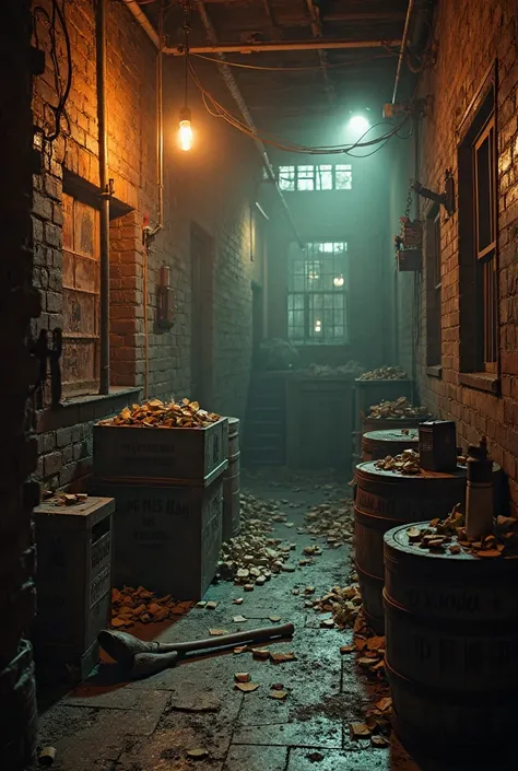 Hyper-realistic
Cinematic
Dark and muted tones
Warm amber accents
Intense and mysterious moodAbandoned warehouse
1920s Chicago underground
Gritty and dark atmosphere
Wooden crates
Rusty axe
Weapon crates
Cash piles
Whiskey barrels
Miscellaneous items
Flick...