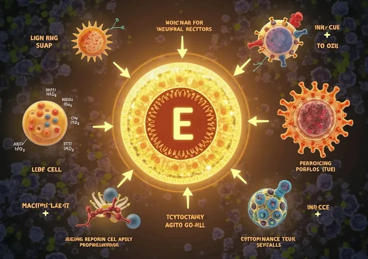 Illustrate the chemical structure of α-tocopherol (vitamin E) at the center, surrounded by a glowing golden "antioxidant shield," neutralizing free radicals like O₂⁻ and OH•. Depict a T-cell with a highlighted lipid bilayer, zooming in on lipid rafts stabi...