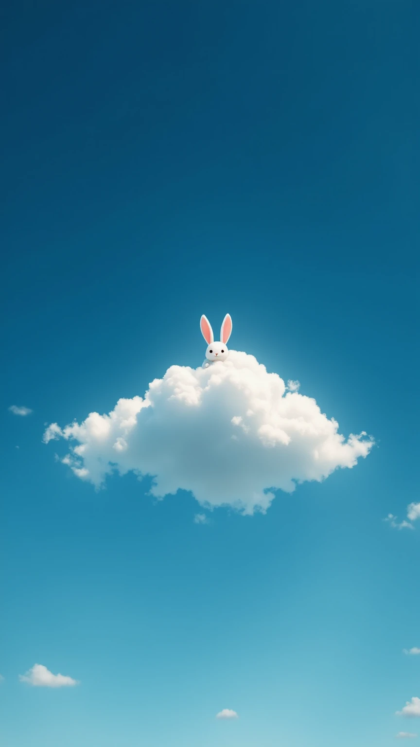 A surreal minimalist illustration from a dramatic low-angle first-person perspective, looking up at a vast, endless sky where only a single fluffy cloud floats, completely alone, its presence evoking an eerie sense of isolation. The soft glow outlining its...